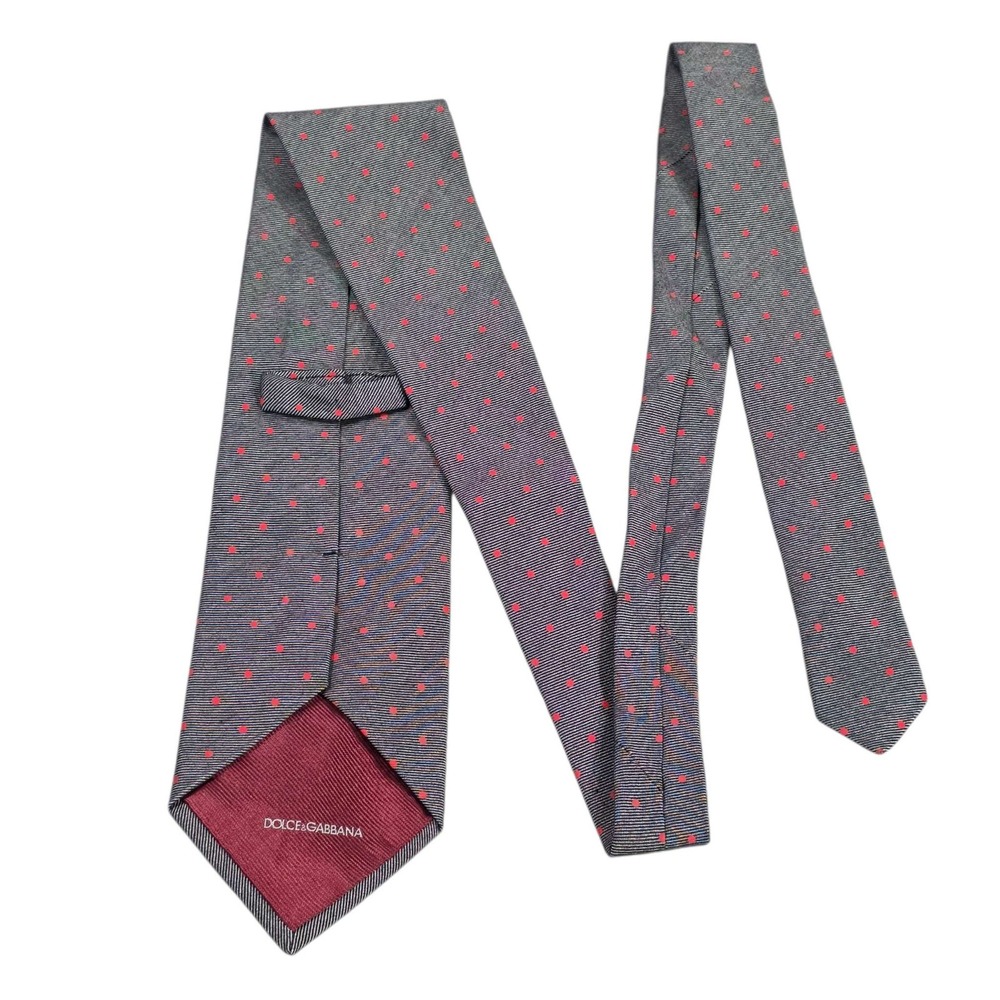 DOLCE & GABBANA Polka Dot Silk Cotton Blend Necktie Grey Red Made in Italy